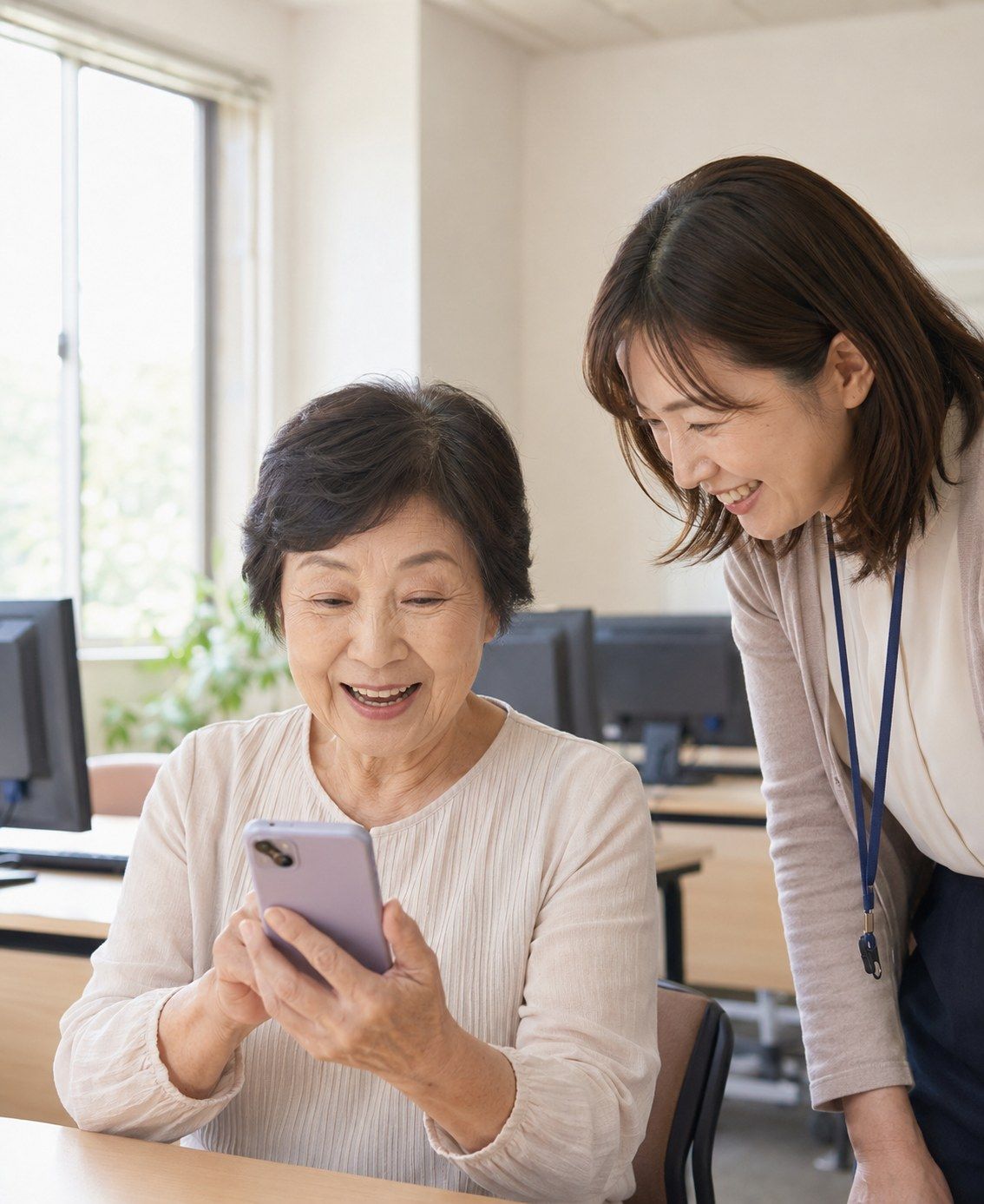 シニア女性がスマホで「できた！」と笑顔の瞬間