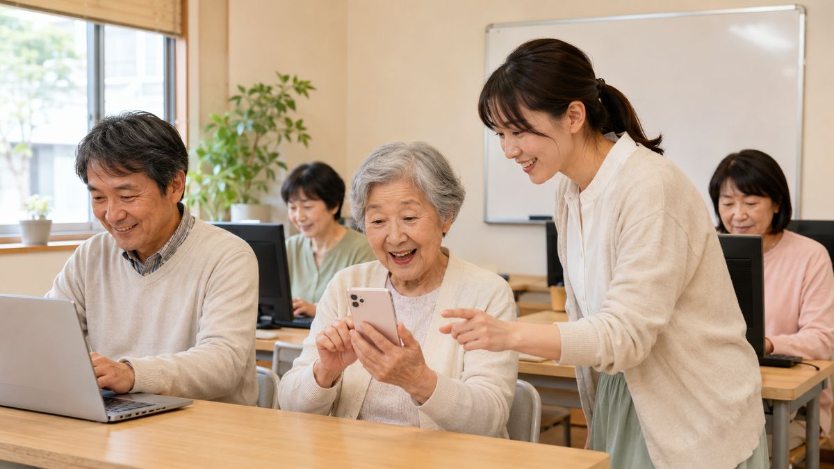 スマホの使い方を教わり笑顔の生徒さん
