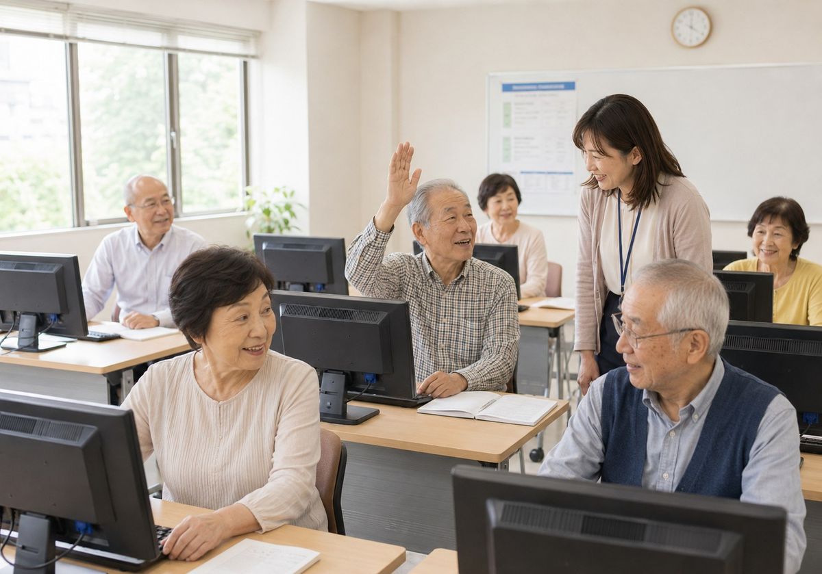 教室全景、シニアがPCに向かう日常風景